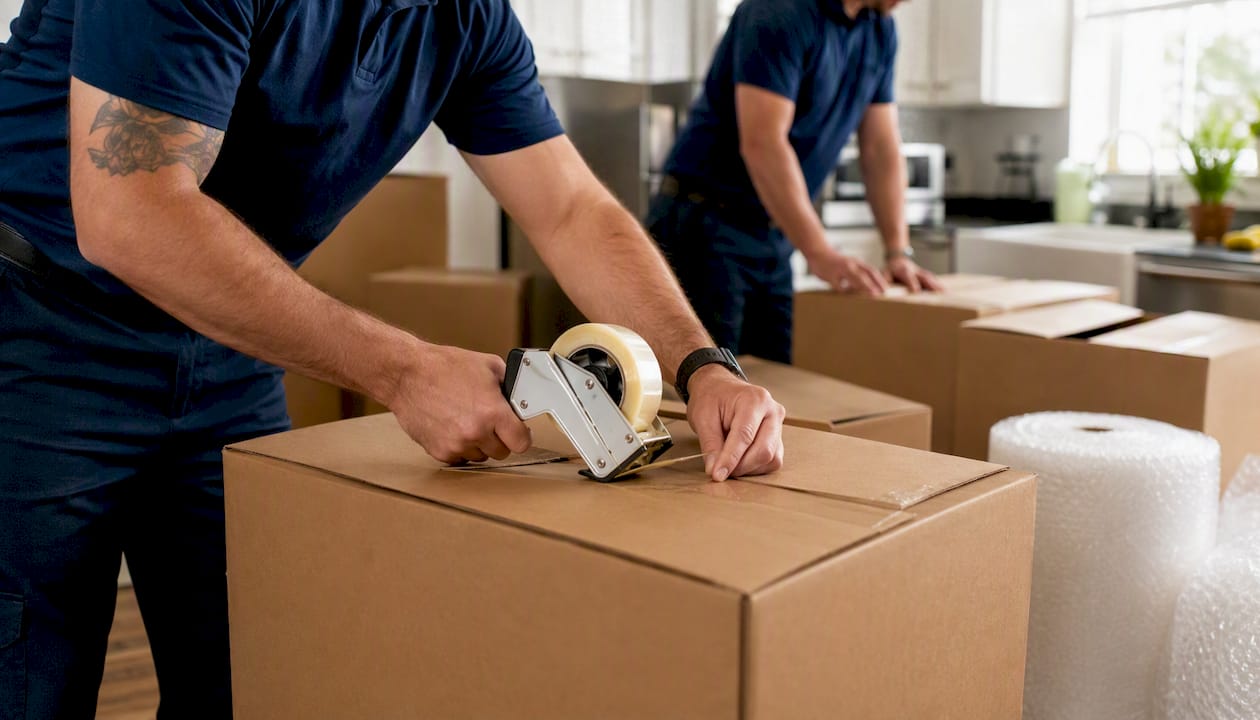 Movers assembling boxes inside a home