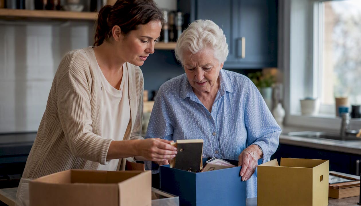 Hands sorting personal items in bedroom