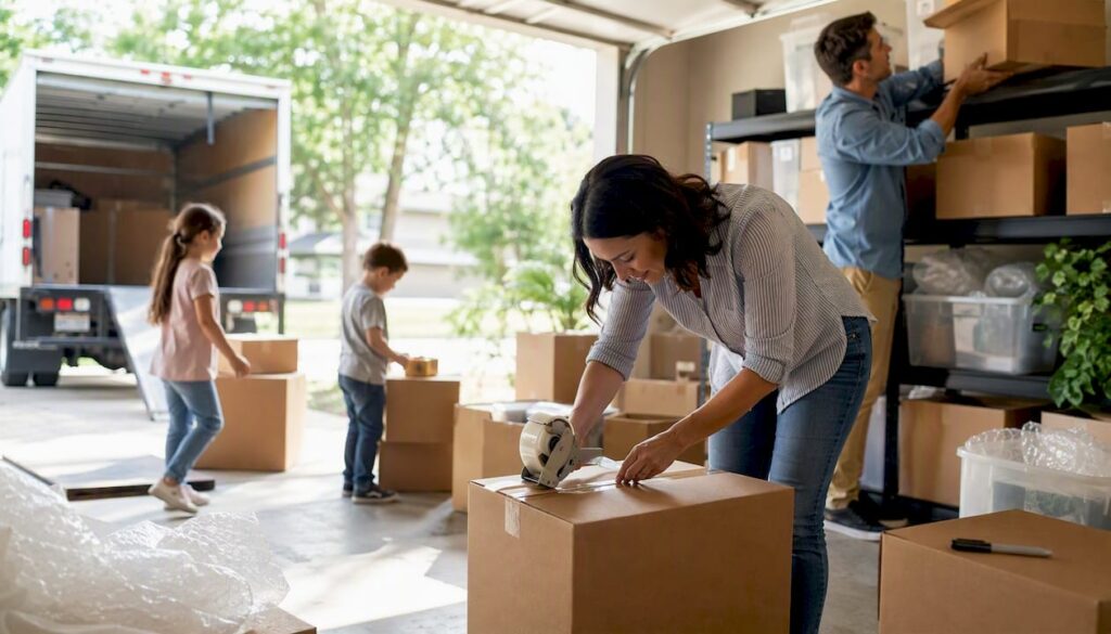 Family packing moving boxes outdoors