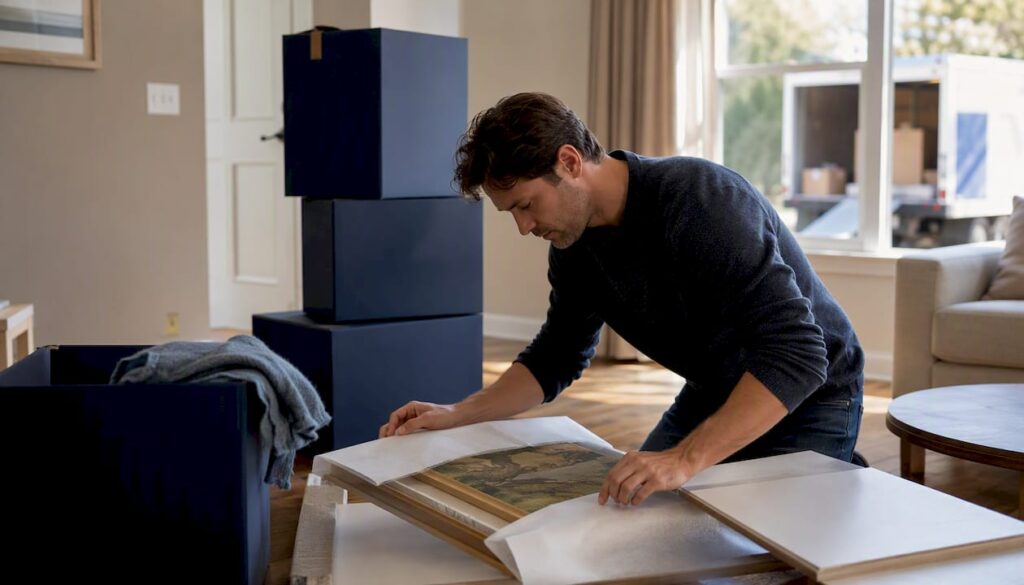 Homeowner wrapping framed painting for move