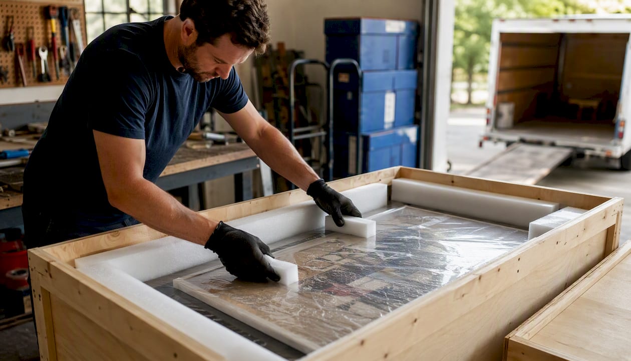 Custom wooden crate being prepared for artwork