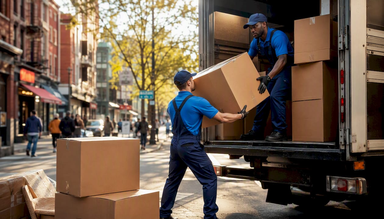 Professional movers loading boxes into truck