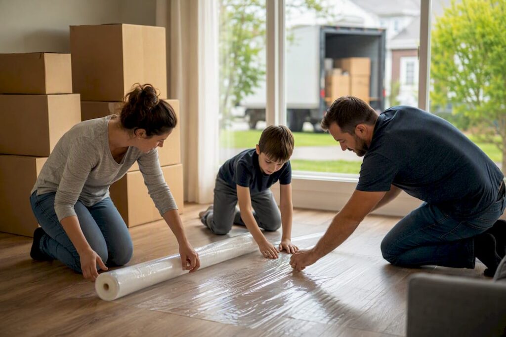 Family applying floor protector in hallway