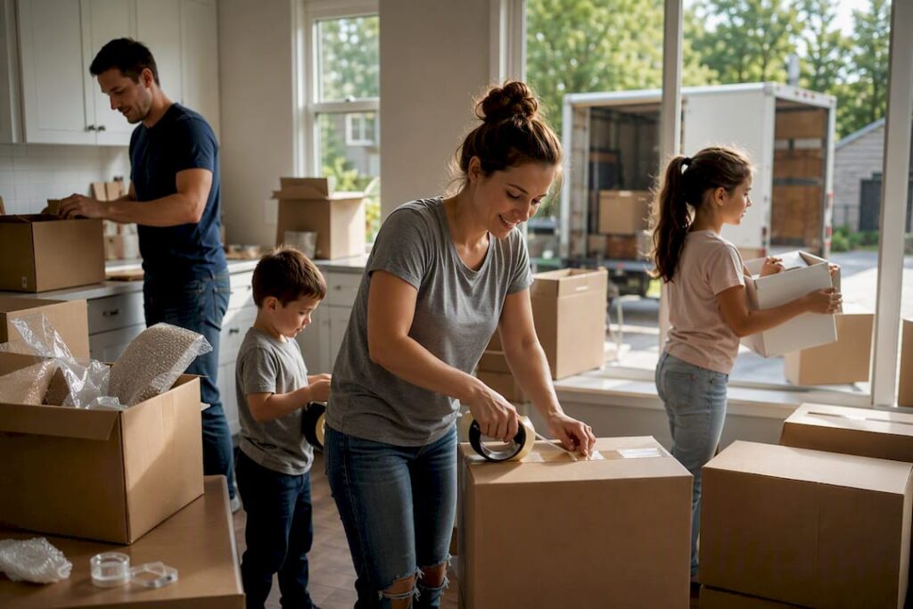 Family packing moving boxes at home