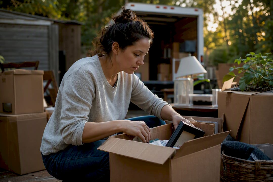 Homeowner organizing labeled boxes in garage