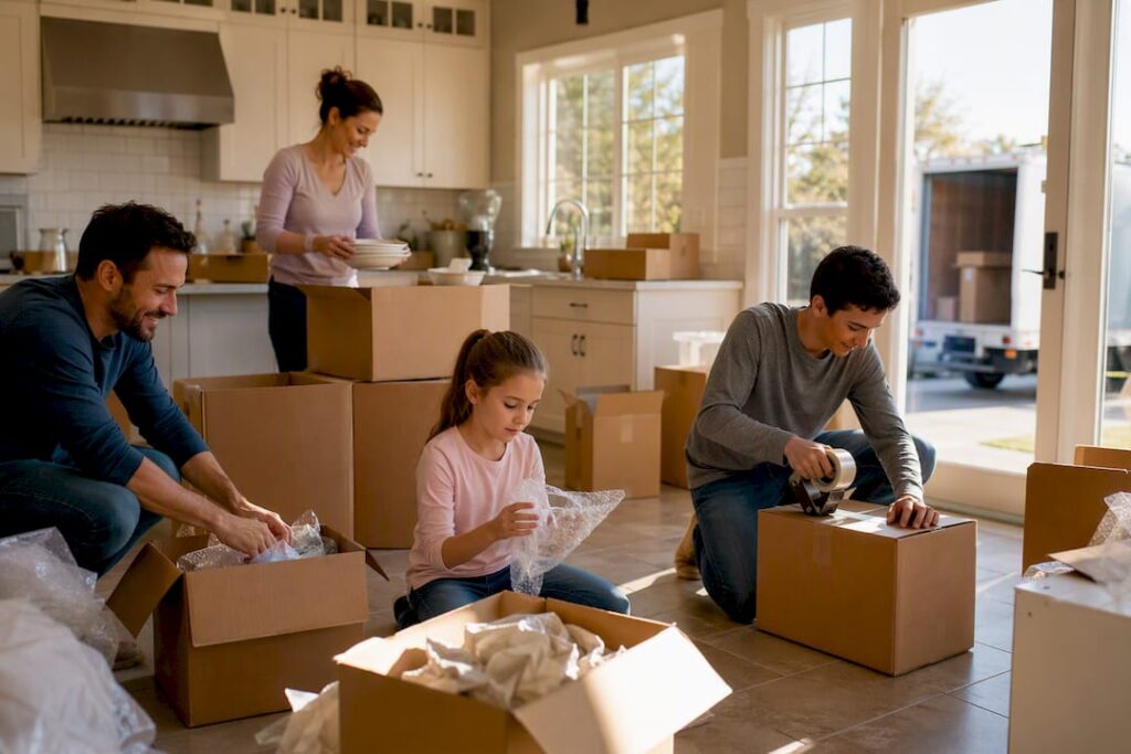 Family packing labeled moving boxes at home