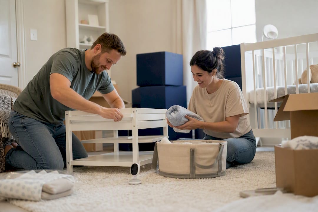 Parents assembling crib and setting up nursery