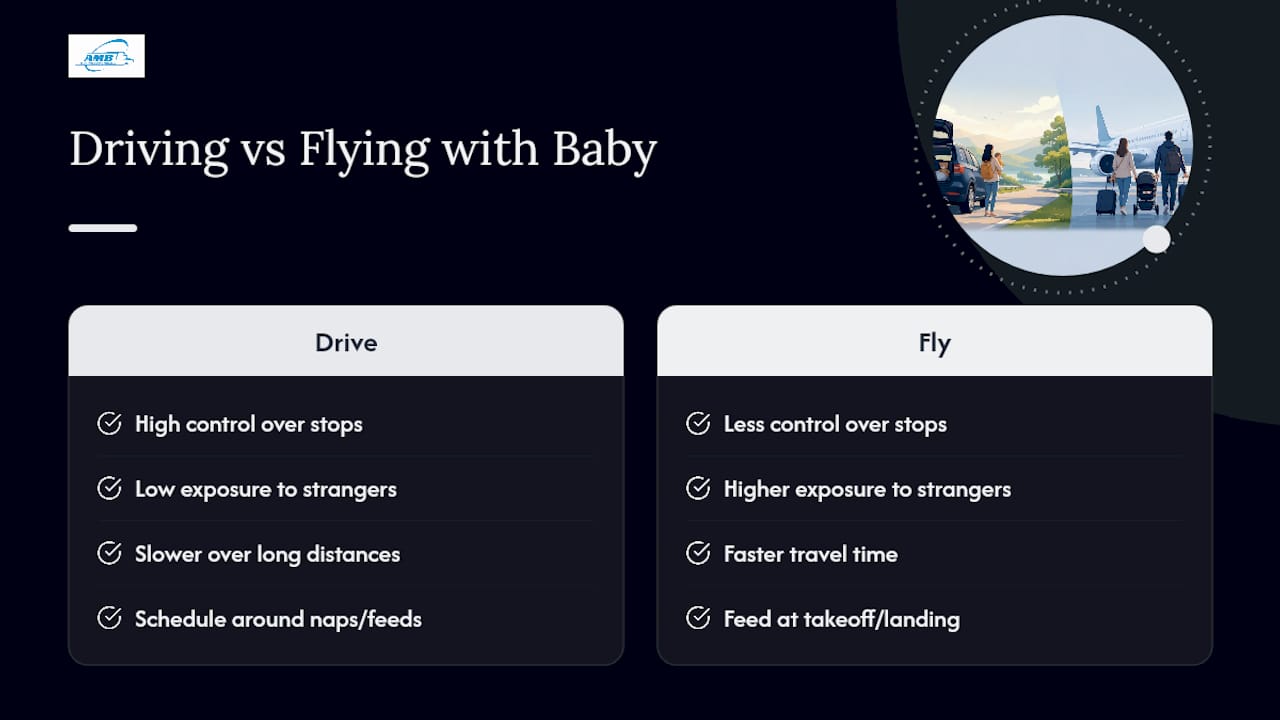 Comparison diagram of driving and flying with baby
