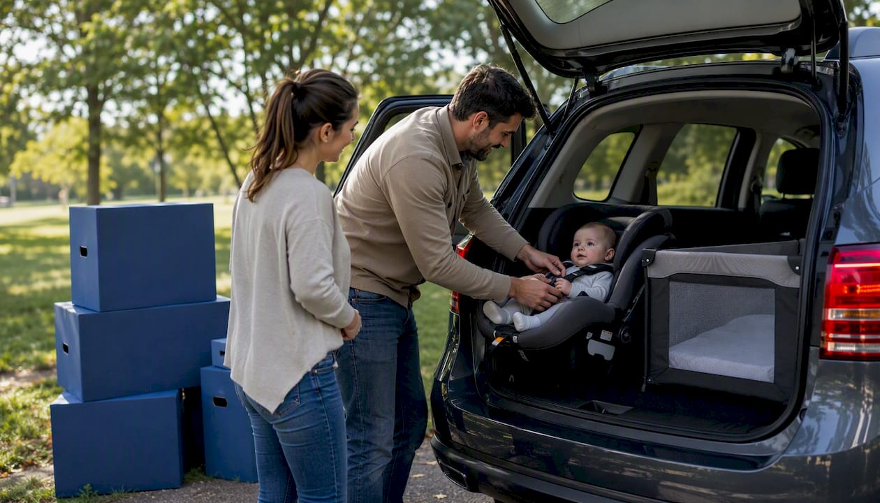 Family packing car seat and portable crib for road trip