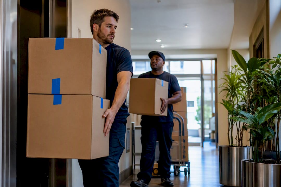 Movers carrying boxes out apartment hallway