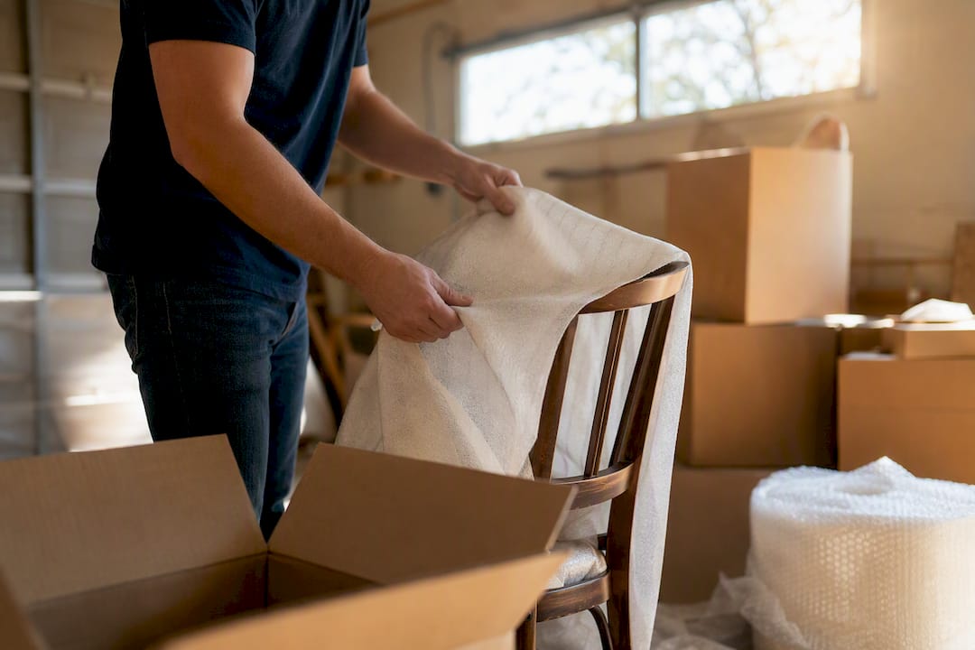 Hands wrapping wooden chair with fabric