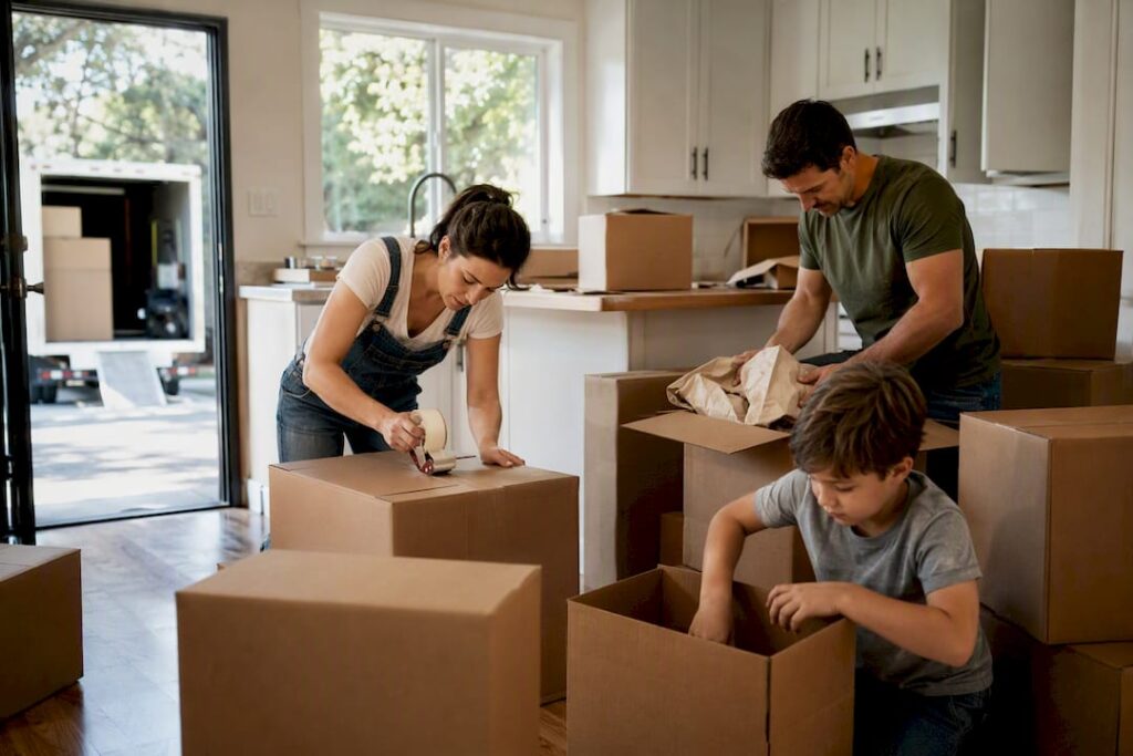 Family packing moving boxes at home