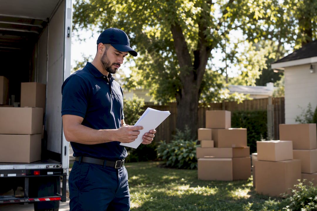 Mover reviewing moving licenses and documents