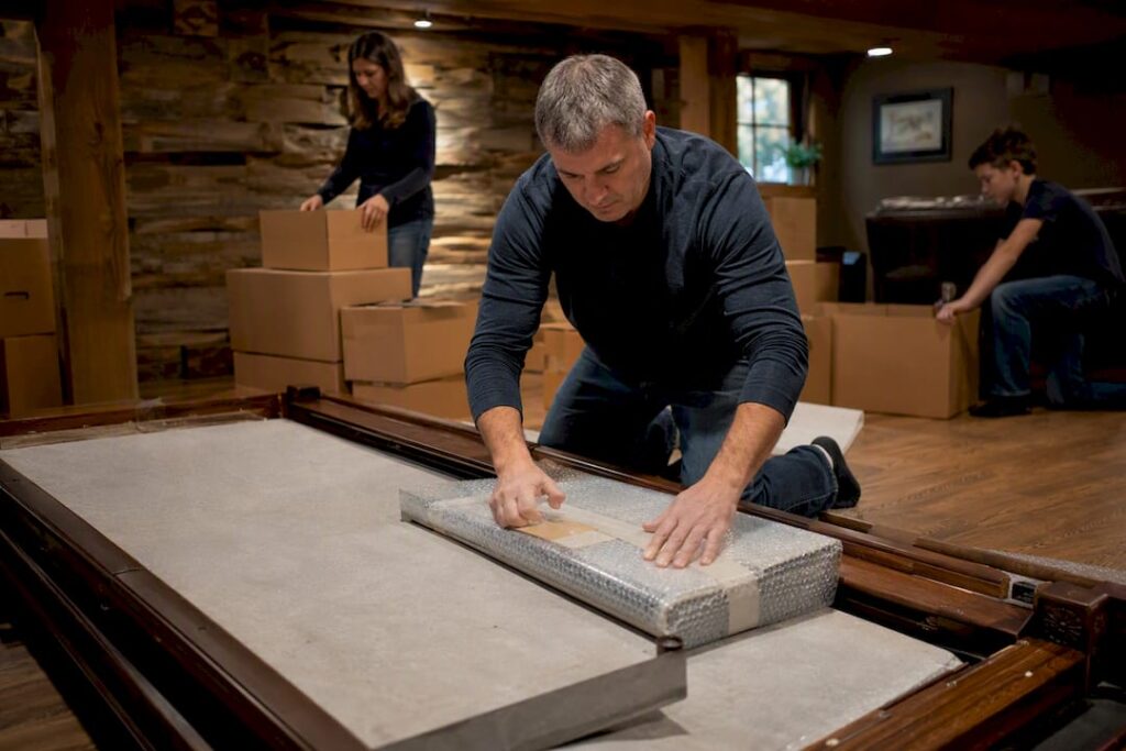 Hands wrapping disassembled pool table parts
