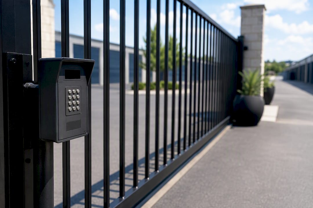 Secure gated storage facility entry with keypad