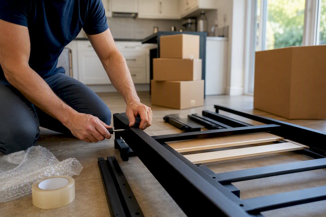 Hands disassembling bed frame for storage