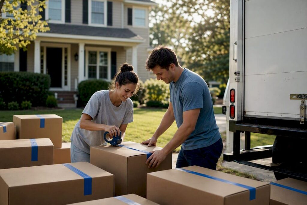 Family packing boxes outside home for storage move