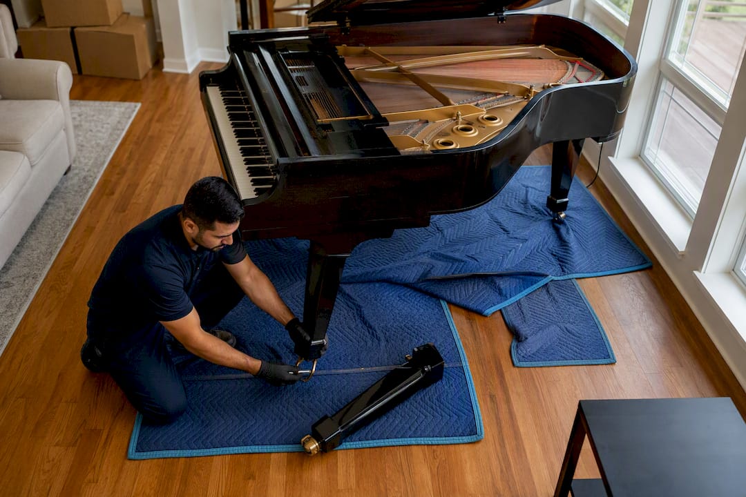 Mover dismantling piano parts inside home
