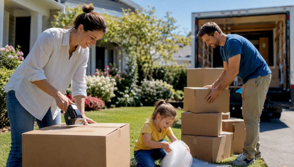 Family packing moving boxes outdoors