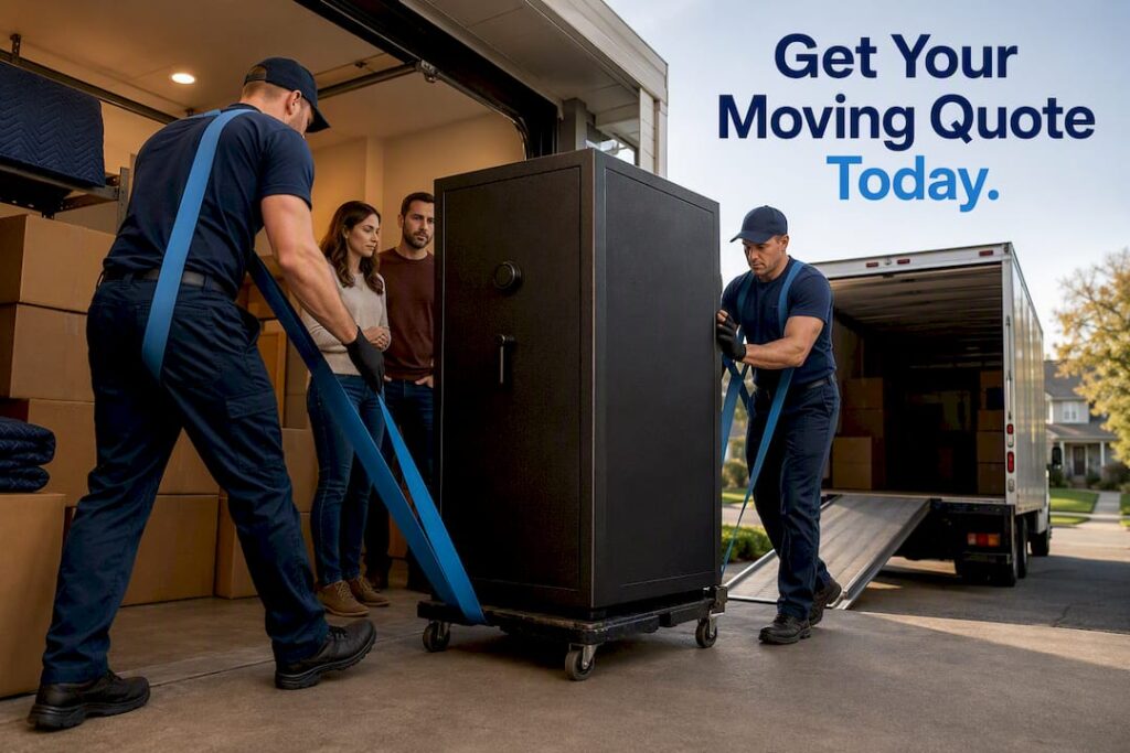 Homeowners and movers handling a heavy gun safe