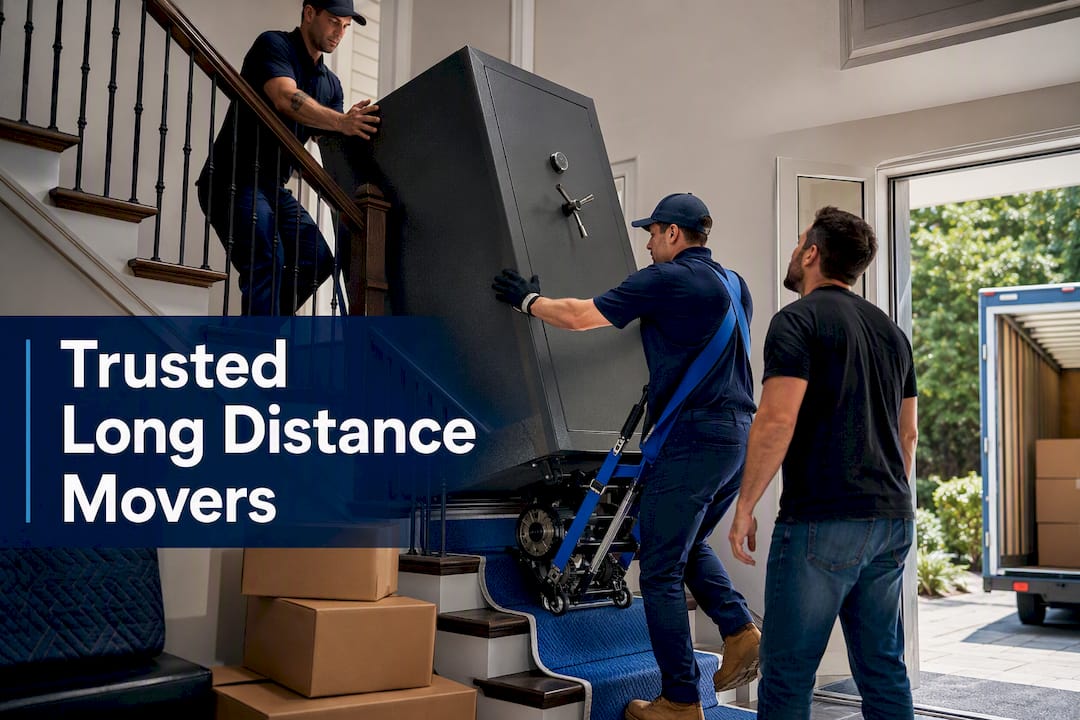 Movers guiding a gun safe up stairs