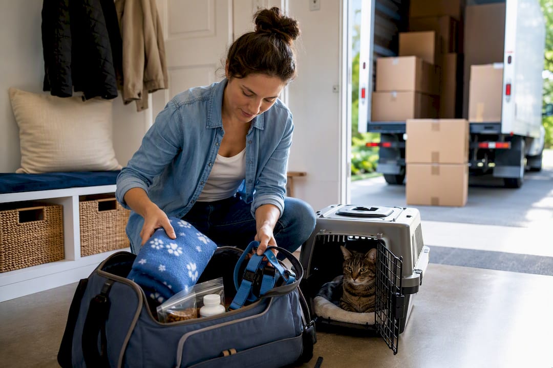 Homeowner assembling a pet travel kit