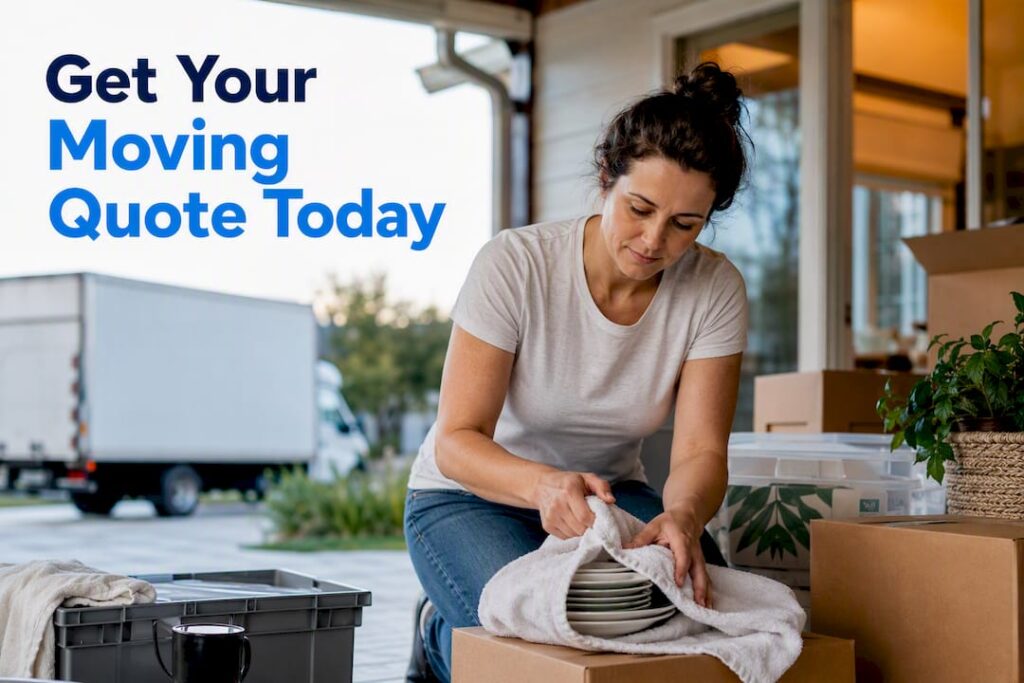 Homeowner packing dishes with reusable materials