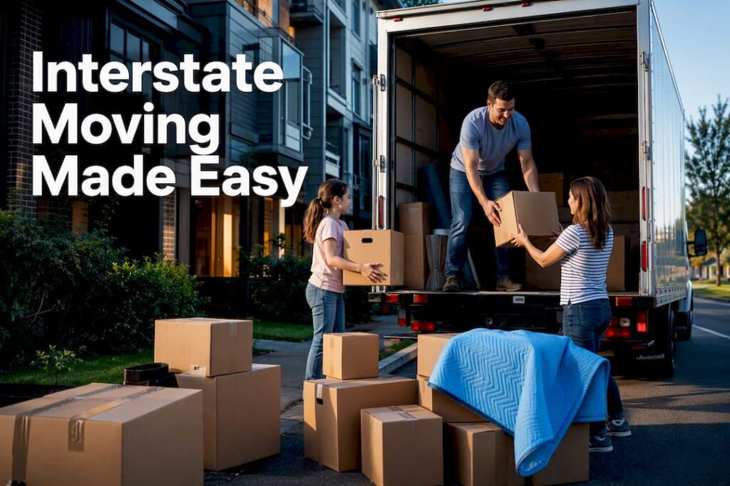 Family preparing boxes for interstate move