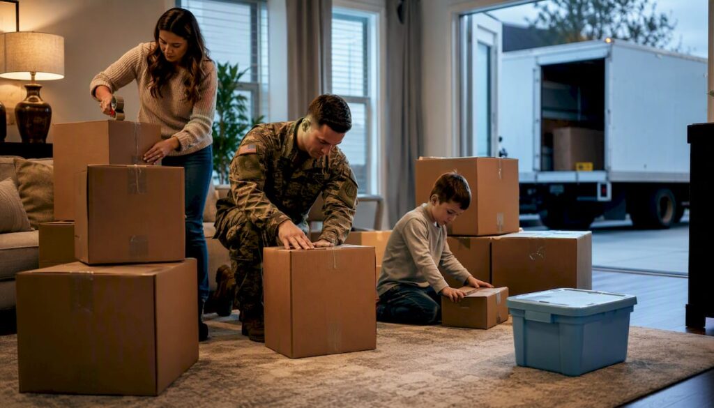 Military family organizing PCS moving boxes