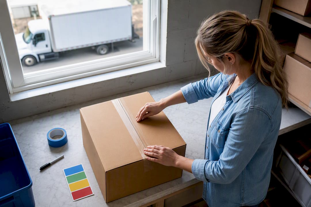 Organized station for labeling moving boxes