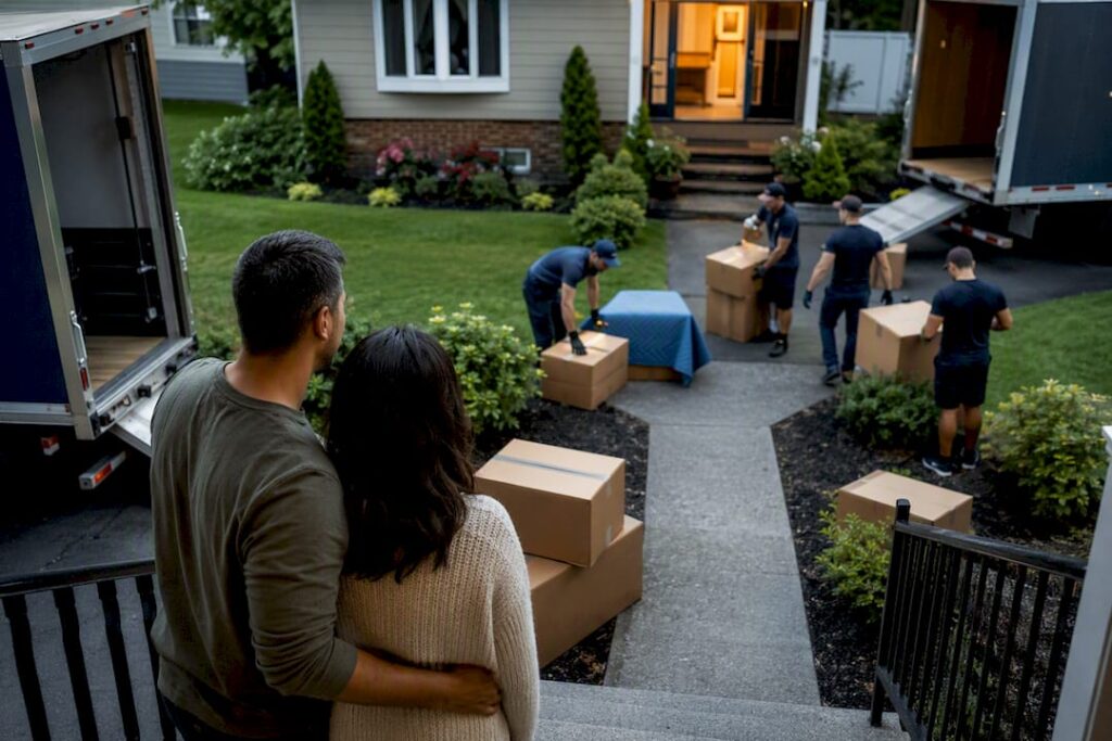 Family preparing for interstate move with crew