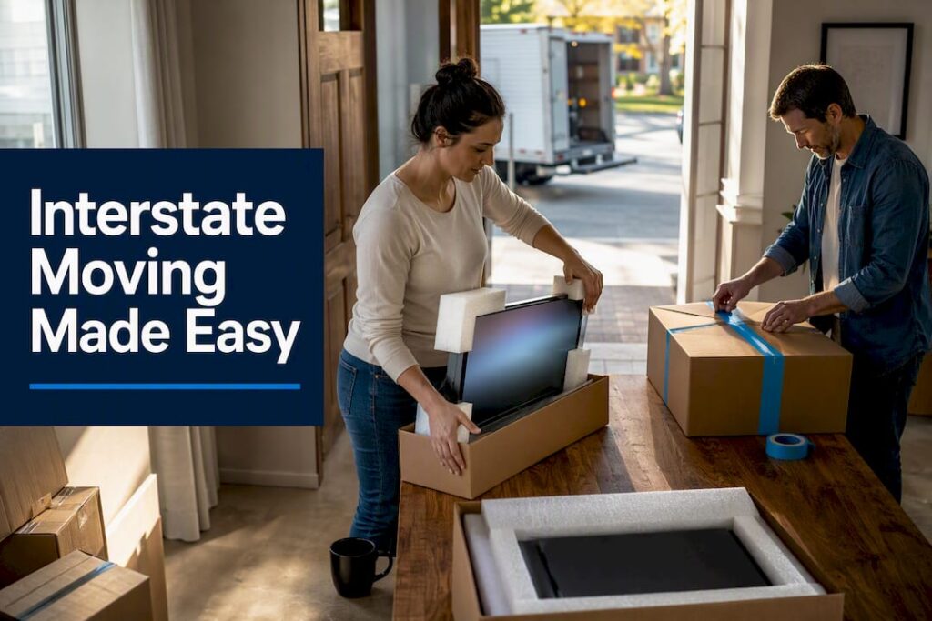 Family safely packing electronics for interstate move