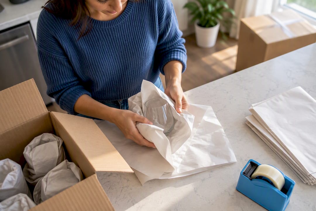 Homeowner wrapping glassware in packing paper