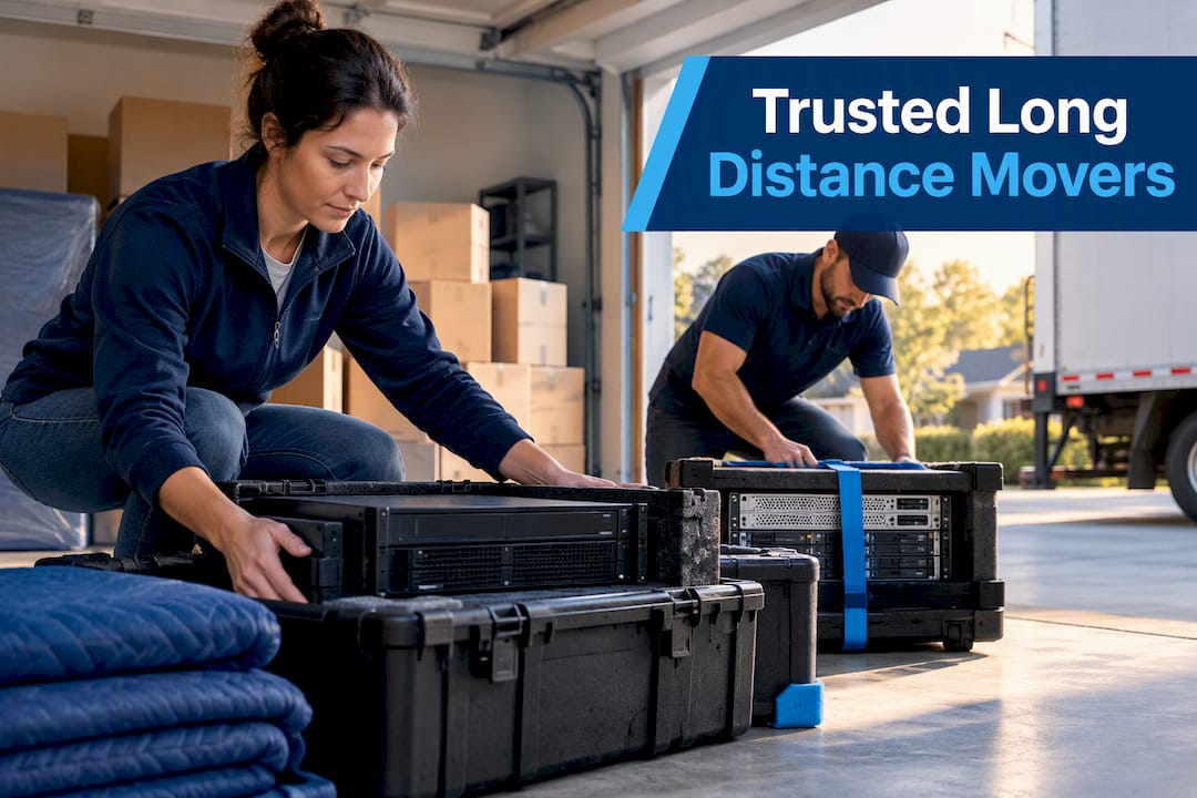 Movers securing server equipment for transport
