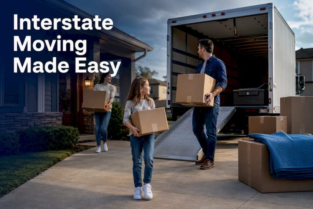 Family preparing interstate move beside moving truck