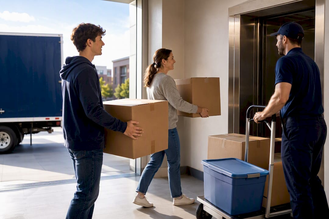 Family moving boxes into student housing