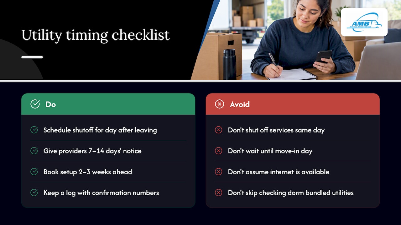 Managing utility setup and shutoff timing for both homes — overview diagram