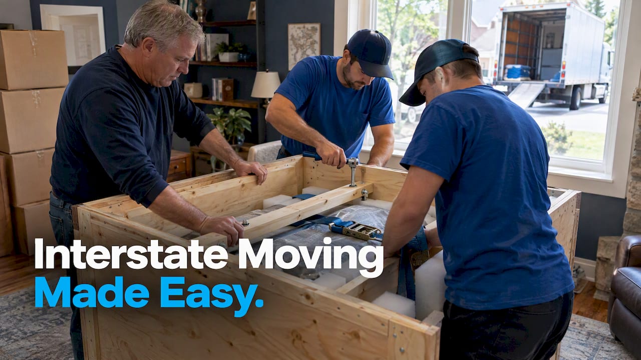 Movers securing foam and bracing inside crate