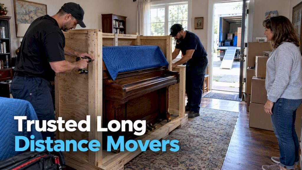 Movers custom crating a piano indoors
