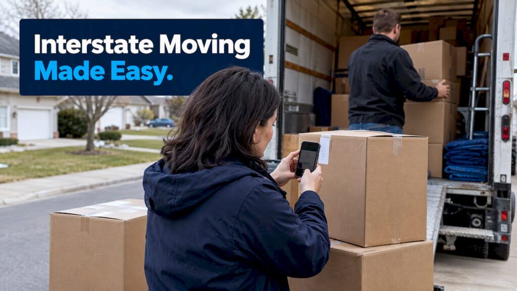 Family documenting boxes beside moving truck