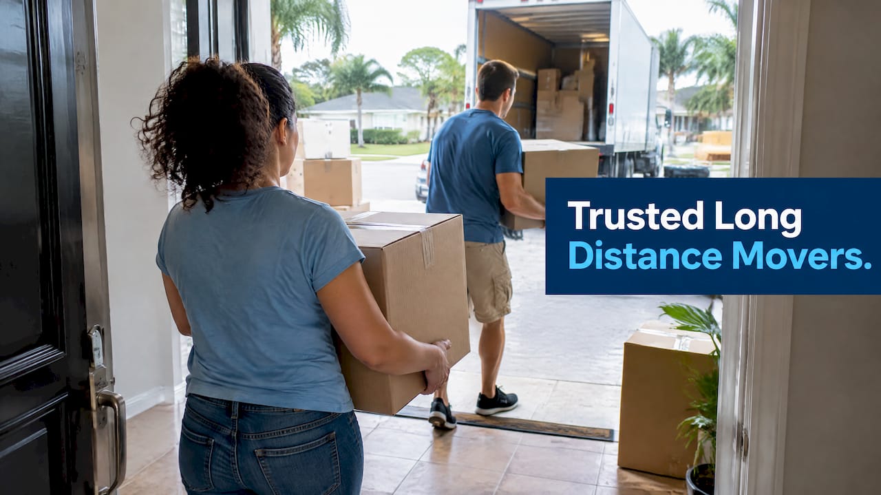 Family carrying boxes into Florida home