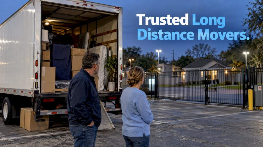 Family checking loaded moving truck overnight