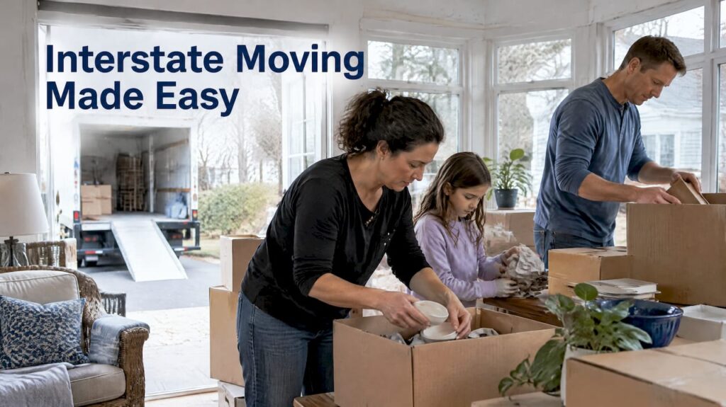Family packing boxes beside a moving truck