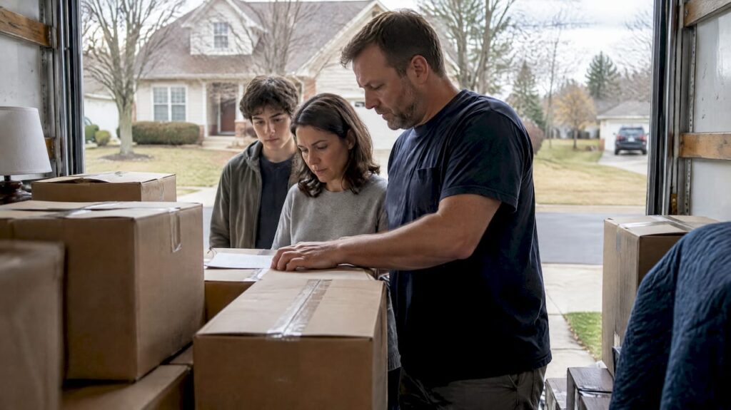 Family preparing cartons for an interstate move
