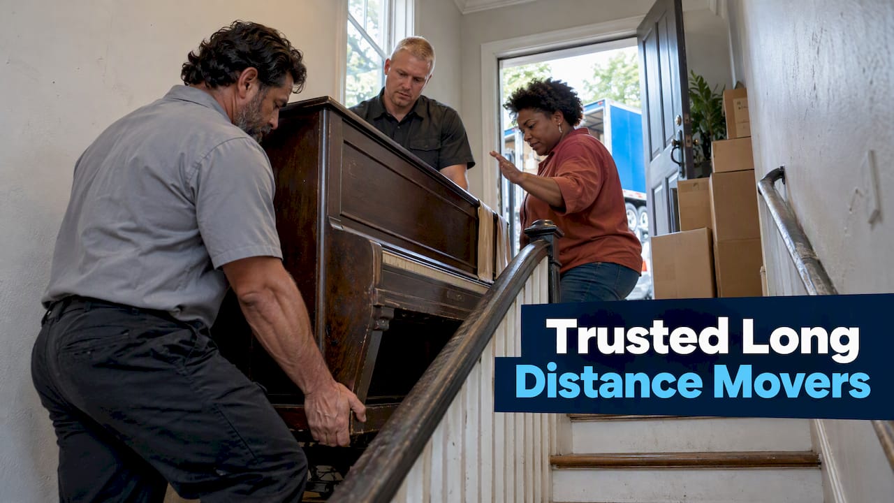 Movers carry a piano up rental stairs
